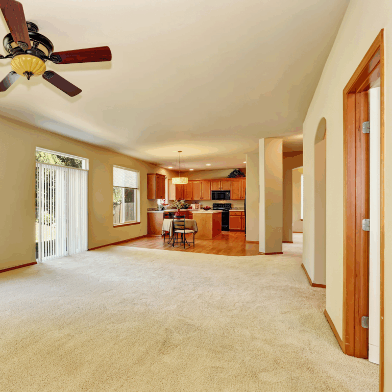 Bright and airy living room leading to a modern kitchen